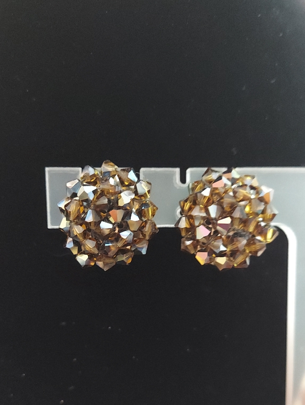 Aurora Borealis Crystal Cluster clip On Earrings - iridescent finish Vintage 1"